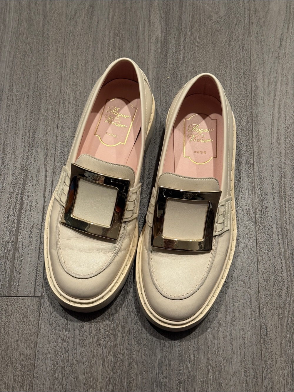 Roger Vivier Cream Leather Loafers with Oversized Silver Buckle